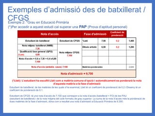 Exemples d’admissió des de batxillerat /
CFGS
Exemple 2: *Grau en Educació Primària
(*)Per accedir a aquest estudi cal superar una PAP (Prova d’aptitud personal)
Estudiant de batxillerat: de les matèries de les quals s’ha examinat, Llatí té un coeficient de ponderació de 0,2 i Disseny té un
coeficient de ponderació de 0,1.
Estudiant de CFGS: té una nota d’accés de 7,100 que correspon a la nota d’accés (batxillerat + FO) de les PAU
(estudiant de batxillerat) i de la nota mitjana del cicle formatiu de grau superior. La suma de la nota d’accés més la ponderació de
dues matèries de la fase d’admissió, dóna com a resultat una nota d’admissió a Educació Primària de 9,300.
(*Llatí): L’estudiant ha escollit Llatí com a matèria comuna d’opció i automàticament es ponderarà la nota
d’aquesta matèria a la fase d’admissió
 