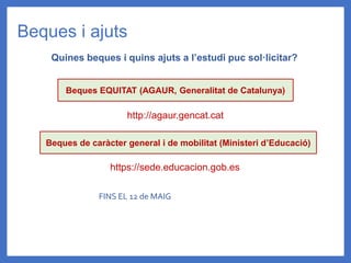 Beques i ajuts
Quines beques i quins ajuts a l’estudi puc sol·licitar?
Beques EQUITAT (AGAUR, Generalitat de Catalunya)
http://agaur.gencat.cat
Beques de caràcter general i de mobilitat (Ministeri d’Educació)
https://sede.educacion.gob.es
FINS EL 12 de MAIG
 
