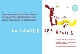 Entre deux et cinq ans, le langage structuré se met en place.
Lorsqu’un adulte leur parle, les enfants reçoivent deux formes
différentes de la langue : le langage du quotidien permettant
de se comprendre « à demi-mot » dans une situation vécue
ensemble, qui est indispensable, et le langage du raconté, une
langue plus structurée qui exprime toute la pensée avec des mots.




                                                                    S’approprier et jouer avec cette langue
                                                                    du récit, bien construite, est fondamental
                                                                    pour passer, plus tard, à un apprentissage
                                                                    réussi de la langue écrite.
                                                                    Ce jeu est tout aussi essentiel pour
                                                                    une bonne construction de la personnalité.
 