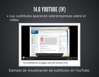 14.6 YOUTUBE (IV) 
Los subtítulos aparecen sobreimpresos sobre el 
vídeo. 
Ejemplo de visualización de subtítulos en YouTube. 
 