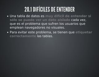 20.1 DIFÍCILES DE ENTENDER 
Una tabla de datos es muy difícil de entender si 
sólo se puede ver un dato aislado cada vez, 
que es el problema que sufren los usuarios que 
emplean navegadores no visuales. 
Para evitar este problema, se tienen que etiquetar 
correctamente las tablas. 
 