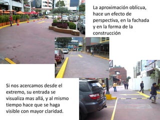 La aproximación oblicua,
hace un efecto de
perspectiva, en la fachada
y en la forma de la
construcción
Si nos acercamos desde el
extremo, su entrada se
visualiza mas allá, y al mismo
tiempo hace que se haga
visible con mayor claridad.
 