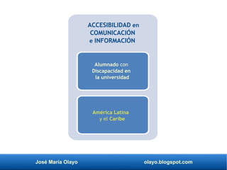 José María Olayo olayo.blogspot.com
ACCESIBILIDAD en
COMUNICACIÓN
e INFORMACIÓN
Alumnado con
Discapacidad en
la universidad
América Latina
y el Caribe
 