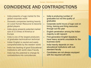 Coincidence and ContradictionsIndia presents a huge market for the global corporate worldDomestic companies banking heavily on Local Human Resource to become global playersIndia alone presents potential market size of 2.5 times of America or EuropeIndia is one of the largest producers of graduates technical/non technicalIndian English is neutral and easily comprehensible by the western worldIndia has backing of good Educational Institutions with world class FacultyIndia has the potential to change its contradictions into coincidencesIndia is producing number of graduates but not the quality of graduatesCorporate world incurs a huge cost on hiring, training and firing resources through out the yearEnglish penetration among the Indian majority is still nascentFirst generation English Speakers have heavy accents unsuitable for the business worldIndia heavily depends on new educational Institutions with sub standard facultyCandidates are not always equipped with the required soft skillsContact : Rohit Kumar 9011035936