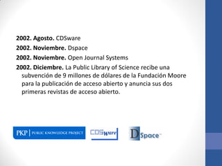 2002. Agosto. CDSware
2002. Noviembre. Dspace
2002. Noviembre. Open Journal Systems
2002. Diciembre. La Public Library of Science recibe una
subvención de 9 millones de dólares de la Fundación Moore
para la publicación de acceso abierto y anuncia sus dos
primeras revistas de acceso abierto.

 