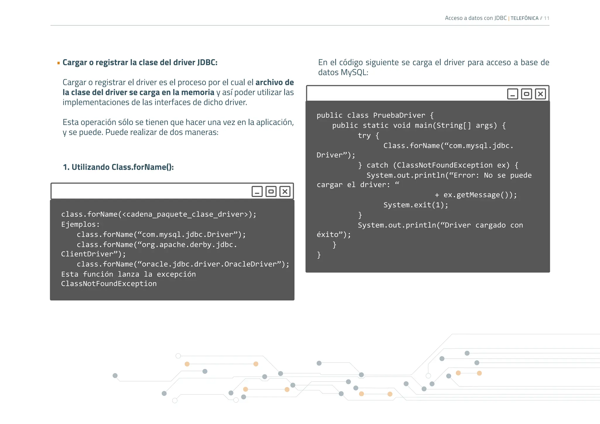 Acceso a datos con JDBC | TELEFÓNICA /
/ 11
• Cargar o registrar la clase del driver JDBC:
Cargar o registrar el driver es el proceso por el cual el archivo de
la clase del driver se carga en la memoria y así poder utilizar las
implementaciones de las interfaces de dicho driver.
Esta operación sólo se tienen que hacer una vez en la aplicación,
y se puede. Puede realizar de dos maneras:
1. Utilizando Class.forName():
En el código siguiente se carga el driver para acceso a base de
datos MySQL:
class.forName(<cadena_paquete_clase_driver>);
Ejemplos:
class.forName(“com.mysql.jdbc.Driver”);
class.forName(“org.apache.derby.jdbc.
ClientDriver”);
class.forName(“oracle.jdbc.driver.OracleDriver”);
Esta función lanza la excepción
ClassNotFoundException
public class PruebaDriver {
public static void main(String[] args) {
		 try {
			Class.forName(“com.mysql.jdbc.
Driver”);
} catch (ClassNotFoundException ex) {
		 System.out.println(“Error: No se puede
cargar el driver: “
					+ ex.getMessage());
			System.exit(1);
		 }
		 System.out.println(“Driver cargado con
éxito”);
}
}
 