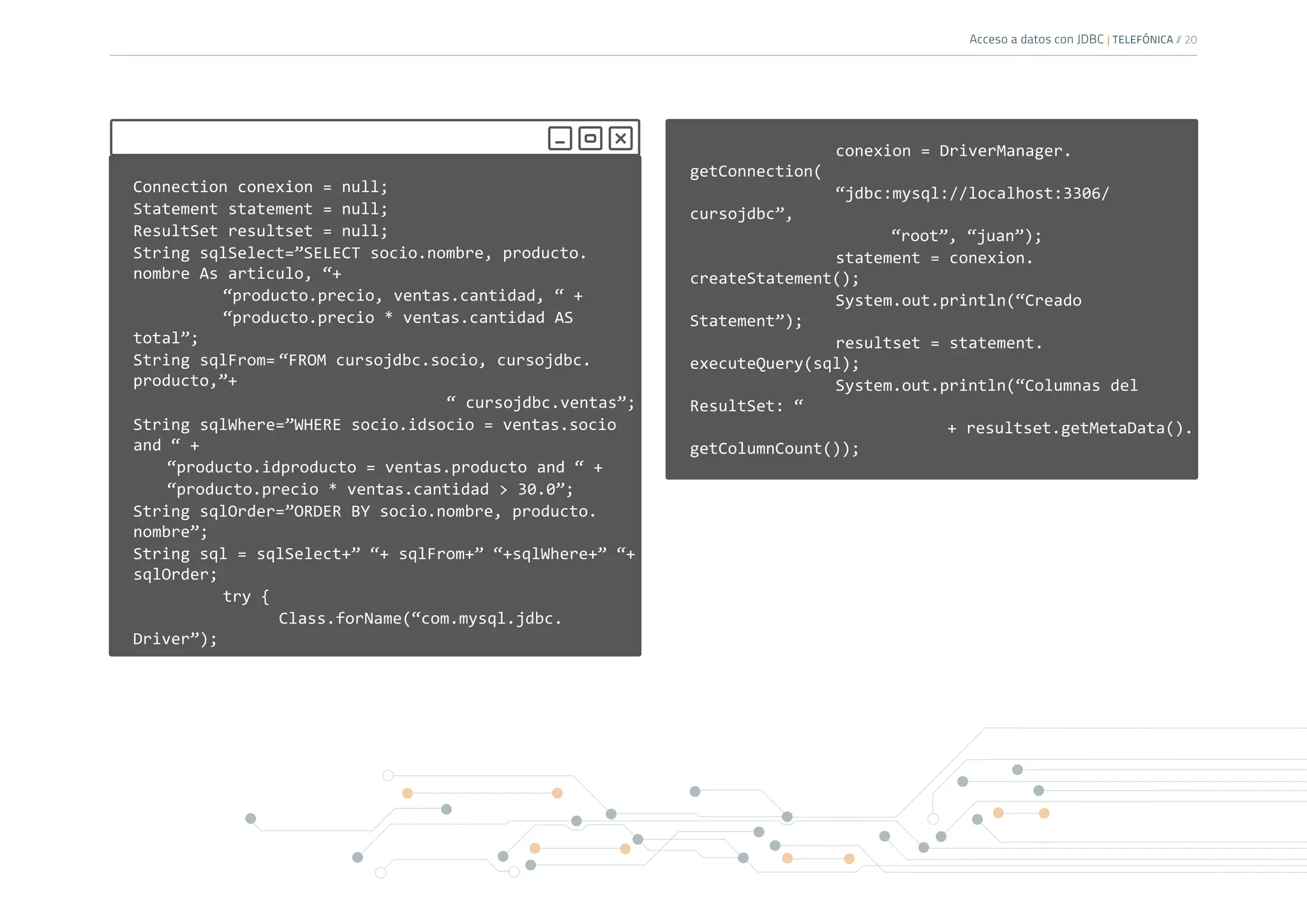 Acceso a datos con JDBC | TELEFÓNICA /
/ 20
Connection conexion = null;
Statement statement = null;
ResultSet resultset = null;
String sqlSelect=”SELECT socio.nombre, producto.
nombre As articulo, “+
		 “producto.precio, ventas.cantidad, “ +
		 “producto.precio * ventas.cantidad AS
total”;
String sqlFrom= “FROM cursojdbc.socio, cursojdbc.
producto,”+
						“ cursojdbc.ventas”;
String sqlWhere=”WHERE socio.idsocio = ventas.socio
and “ +
“producto.idproducto = ventas.producto and “ +
“producto.precio * ventas.cantidad > 30.0”;
String sqlOrder=”ORDER BY socio.nombre, producto.
nombre”;
String sql = sqlSelect+” “+ sqlFrom+” “+sqlWhere+” “+
sqlOrder;
		 try {
			Class.forName(“com.mysql.jdbc.
Driver”);
			
			 conexion = DriverManager.
getConnection(
			“jdbc:mysql://localhost:3306/
cursojdbc”,
				“root”, “juan”);
			 statement = conexion.
createStatement();
			System.out.println(“Creado
Statement”);
			 resultset = statement.
executeQuery(sql);
			System.out.println(“Columnas del
ResultSet: “
					+ resultset.getMetaData().
getColumnCount());
 