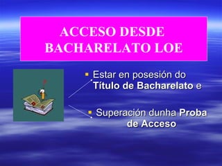 ACCESO DESDE BACHILLERATO LOE Estar en posesión do  Título de Bacharelato  e Superación dunha  Proba de Acceso ACCESO DESDE  BACHARELATO LOE 