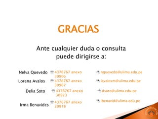 GRACIAS
Ante cualquier duda o consulta
puede dirigirse a:
Lorena Avalos
Delia Soto
 4376767 anexo
30907
 4376767 anexo
30923
 lavalosm@ulima.edu.pe
 dsoto@ulima.edu.pe
Irma Benavides
 4376767 anexo
30918
 ibenavid@ulima.edu.pe
Nelva Quevedo  4376767 anexo
30906
 nquevedo@ulima.edu.pe
 