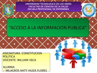 ASIGNATURA: CONSTITUCION
POLITICA
DOCENTE: WILLIAM VEGA
ALUMNA:
 MILAGROS NATY HUIZA FLORES
UNIVERSIDAD TECNOLOGICA DE LOS ANDES
FACULTAD DE CIENCIAS DE LA SALUD
ESCUELA PROFESIONAL DE ENFERMERIA
“ACCESO A LA INFORMACION PUBLICA”
 