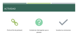 ACTIVIDAD
Pincha el link de jamboard Contesta las interrogantes que se
plantean
Socializa tus conclusiones
 