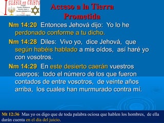 Acceso a la TierraAcceso a la Tierra
PrometidaPrometida
Nm 14:20Nm 14:20 Entonces Jehová dijo: Yo lo heEntonces Jehová dijo: Yo lo he
perdonado conforme a tu dicho.perdonado conforme a tu dicho.
Nm 14:28Nm 14:28 Diles: Vivo yo, dice Jehová, queDiles: Vivo yo, dice Jehová, que
según habéis habladosegún habéis hablado a mis oídos, así haré yoa mis oídos, así haré yo
con vosotros.con vosotros.
Nm 14:29Nm 14:29 EnEn este desierto caeráneste desierto caerán vuestrosvuestros
cuerpos; todo el número de los que fueroncuerpos; todo el número de los que fueron
contados de entre vosotros, de veinte añoscontados de entre vosotros, de veinte años
arriba, los cuales han murmurado contra mí.arriba, los cuales han murmurado contra mí.
Mt 12:36 Mas yo os digo que de toda palabra ociosa que hablen los hombres, de ella
darán cuenta en el día del juicio.
 
