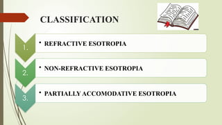 CLASSIFICATION
1.
• REFRACTIVE ESOTROPIA
2.
• NON-REFRACTIVE ESOTROPIA
3.
• PARTIALLY ACCOMODATIVE ESOTROPIA
 
