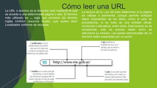 Cómo leer una URL
La URL o dominio es la dirección web mediante la cual
se accede a una determinada página o sitio. El término
más utilizado es url, sigla que proviene del término
inglés Uniform resource locator, que quiere decir
Localizador uniforme de recursos.
La lectura de la url es útil para determinar si la página
es valiosa o pertinente, porque permite anticipar
datos importantes de los sitios, como el país de
procedencia, si se trata de una entidad oficial,
comercial o educativa, entre otras. Esta lectura no es
complicada, solo es preciso saber cómo se
estructura su sintaxis. Las partes estructurales de un
dominio están separadas por un punto.
 