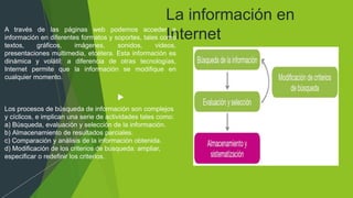 La información en
Internet
A través de las páginas web podemos acceder a
información en diferentes formatos y soportes, tales como
textos, gráficos, imágenes, sonidos, videos,
presentaciones multimedia, etcétera. Esta información es
dinámica y volátil: a diferencia de otras tecnologías,
Internet permite que la información se modifique en
cualquier momento.
Los procesos de búsqueda de información son complejos
y cíclicos, e implican una serie de actividades tales como:
a) Búsqueda, evaluación y selección de la información.
b) Almacenamiento de resultados parciales.
c) Comparación y análisis de la información obtenida.
d) Modificación de los criterios de búsqueda: ampliar,
especificar o redefinir los criterios.
 