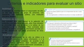 Criterios e indicadores para evaluar un sitio
web
Autoridad
El indicador de autoridad refiere al responsable del sitio,
ya sea una persona, un grupo de personas, una
asociación, una institución pública, una institución
educativa, etcétera.
Selección de contenidos
Este indicador sirve para evaluar si la selección de
contenidos y su tratamiento son adecuados. Este indicador
es primordial, dado que se refiere a la validez de los
contenidos y de la información. Para contrastar este
indicador es preciso comparar la información provista por
un sitio determinado con datos provenientes de otras
fuentes.
Actualización
El nivel de actualización de un sitio se refiere a la
incorporación periódica de nueva información; o a la
modificación de datos existentes, de acuerdo a los
avances teórico científicos. Este indicador permite
reconocer sitios que contienen información actualizada, y
 