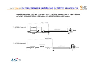 Recomendación instalación de filtros en armario
ES IMPORTANTE QUE LOS CABLES SEAN LO MAS CORTOS POSIBLES Y QUE EL CABLEADO DE
LA FUENTE DE ALIMENTACION Y DE SALIDA DEL MOTOR ESTE BIEN SEPARADO.
 