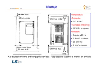 MontajeMontaje
•Temperatura
•Ambient e:
• -10 a 40 ℃
•Humedad Ambient e:
• 90% RH o menos
•Vibration:
• Inferior a 20 Hz
•50mm o más
•120mm o más
•Aire
•(a) Espacio mínimo entre equipos Der/Izda •(b) Espacio superior e inferior en armario
• Inferior a 20 Hz
• 9.8 m/s2 o menos
• 20 a 50 Hz
• 2 m/s2 o menos
•30mm o más 30mm
•120mm o más
•Aire
 