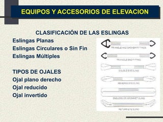 CLASIFICACIÓN DE LAS ESLINGAS
Eslingas Planas
Eslingas Circulares o Sin Fin
Eslingas Múltiples
TIPOS DE OJALES
Ojal plano derecho
Ojal reducido
Ojal invertido
EQUIPOS Y ACCESORIOS DE ELEVACION
 