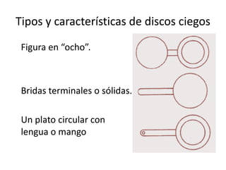 Tipos y características de discos ciegos
 Figura en “ocho”.



 Bridas terminales o sólidas.

 Un plato circular con
 lengua o mango
 