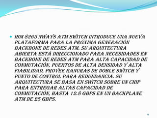 IBM 8265 Nways ATM Switch introduce una nueva plataforma para la próxima generación backbone de redes ATM. Su arquitectura abierta está direccionado para necesidades en backbone de redes ATM para alta capacidad de conmutación, puertos de alta densidad y alta fiabilidad, provee ranuras de doble switch y punto de control para redundancia. Su arquitectura se basa en switch sobre un chip para entregar altas capacidad de conmutación, hasta 12.8 Gbps en un backplane ATM de 25 Gbps.14