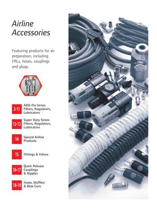 Airline
Accessories
Featuring products for air
preparation, including
FRLs, hoses, couplings
and plugs.
3-11
12-13
14
ARO-Flo Series
Filters, Regulators,
Lubricators
Super Duty Series
Filters, Regulators,
Lubricators
Special Airline
Products
15 Fittings & Valves
16-17
Quick Release
Couplings
& Nipples
18-19
Hoses, Mufflers
& Blow Guns
 