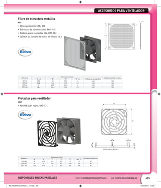 495
Filtro de estructura metálica
MFF
• Ofrece protección EMI y RFI
• Estructura de aluminio 1060, RMS-247;
• Malla de acero inoxidable 304, RMS-283
• Cable Ø: 23, tamaño de malla: 30 hilos/1 25.4
Referencia
Dimensiones (mm)
Cantidad estándar por bolsa
“A” ± 1 “B” “C” “D” ± 1 Orificio de montaje Ø x 4
MFF-60 59.2 50 R7.5 4 4.32 100
MFF-80 83.8 71.4 R10 3.5 4.32 100
MFF-92 92 82.5 R12.5 4 4.32 100
MFF-120 118.9 104.8 R25 3.5 4.32 100
Protector para ventilador
FGPT
• ABS HB UL94 negro, RMS-171
Referencia
Dimensiones (mm)
Cantidad estándar por
“A” “B” “C” “D” “E” Ref. “F”
FGPT-80 80 14.5 2.8 5.5 4 71 20
FGPT-92 92 15 2.6 5.5 4.15 82 20
FGPT-120 119 16.5 3 5.5 4.5 104 10
Orificio inferior: Ø 4.7±0.1
email | ventas@mossexpress.es web | www.mossexpress.esDISPONIBLES BOLSAS PARCIALES
ACCESORIOS PARA VENTILADORACCESORIOS PARA VENTILADORACCESORIOS PARA VENTILADORACCESORIOS PARA VENTILADORACCESORIOS PARA VENTILADOR
495_NEWRICHCOPAGE_1_11.indd 495 07/04/2013 12:38
 