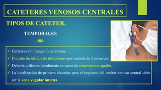 CATETERES VENOSOS CENTRALES
TIPOS DE CATETER.
TEMPORALES
 Catéteres sin manguito de dracon.
 Elevada incidencia de infecciones por encima de 3 semanas.
 Debería utilizarse idealmente en casos de tratamientos agudos.
 La localización de primera elección para el implante del catéter venoso central debe
ser la vena yugular interna.
 