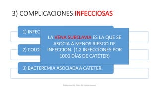 3) COMPLICACIONES INFECCIOSAS
1) INFECCION EN EL SITIO DE INSERCION.
2) COLONIZACION DEL CATETER.
3) BACTEREMIA ASOCIADA A CATETER.
LA VENA SUBCLAVIA ES LA QUE SE
ASOCIA A MENOS RIESGO DE
INFECCION. (1.2 INFECCIONES POR
1000 DÍAS DE CATÉTER)
Polderman KH, Girbes AJ. Central venous
 