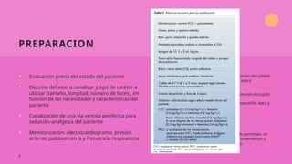 PREPARACION
• Evaluación previa del estado del paciente
• Elección del vaso a canalizar y tipo de catéter a
utilizar (tamaño, longitud, número de luces), en
función de las necesidades y características del
paciente
• Canalización de una vía venosa periférica para
sedación-analgesia del paciente
• Monitorización: electrocardiograma, presión
arterial, pulsioximetría y frecuencia respiratoria
• Comprobar del material necesario. Preparación del catéter
en mesa estéril: purgado de sus luces con suero
heparinizado
• Posición del paciente según el lugar de inserción escogido
• Técnica estéril: lavado de manos, uso de mascarilla, bata y
guantes estériles.
• Desinfección de la zona
• Mantener una buena postura
• Siempre que las condiciones del paciente lo permitan, se
informará a los padres de las ventajas, inconvenientes y
posibles complicaciones del procedimiento.
8
 