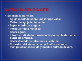 • Se inicia la punción.
• Aguja montada sobre una jeringa vacía.
• Retirar la aguja lentamente.
• Separar jeringa y aguja.
• Introducir guía metálica.
• Sacar aguja.
• Introducir dilatador previa incisión con bisturí en el
punto de entrada.
• Sacar dilatador e introducir el catéter.
• Conexión del sistema de perfusión evitando
manipulación indebida y posible entrada de aire.
 