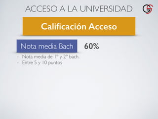 ACCESO A LA UNIVERSIDAD
Caliﬁcación Acceso
Nota media Bach 60%
- Nota media de 1º y 2º bach.
- Entre 5 y 10 puntos
 