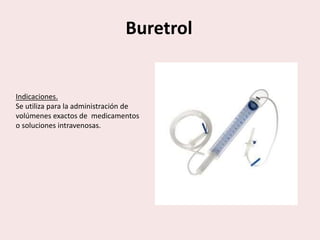 Buretrol
Indicaciones.
Se utiliza para la administración de
volúmenes exactos de medicamentos
o soluciones intravenosas.
 