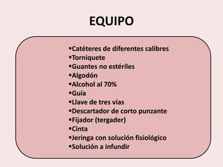 EQUIPO
Catéteres de diferentes calibres
Torniquete
Guantes no estériles
Algodón
Alcohol al 70%
Guía
Llave de tres vías
Descartador de corto punzante
Fijador (tergader)
Cinta
Jeringa con solución fisiológico
Solución a infundir
 