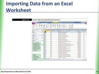 Importing Data from an Excel          XP
      Worksheet




New Perspectives on Microsoft Access 2010        21
 