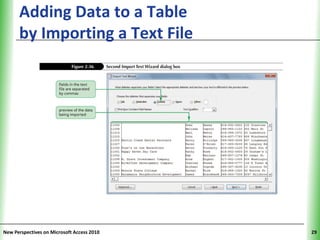 Adding Data to a Table                XP
      by Importing a Text File




New Perspectives on Microsoft Access 2010        29
 
