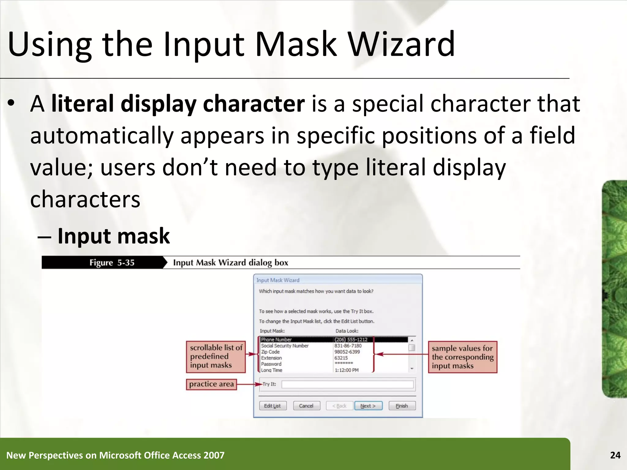 Using the Input Mask Wizard A  literal display character  is a special character that automatically appears in specific positions of a field value; users don’t need to type literal display characters Input mask New Perspectives on Microsoft Office Access 2007 