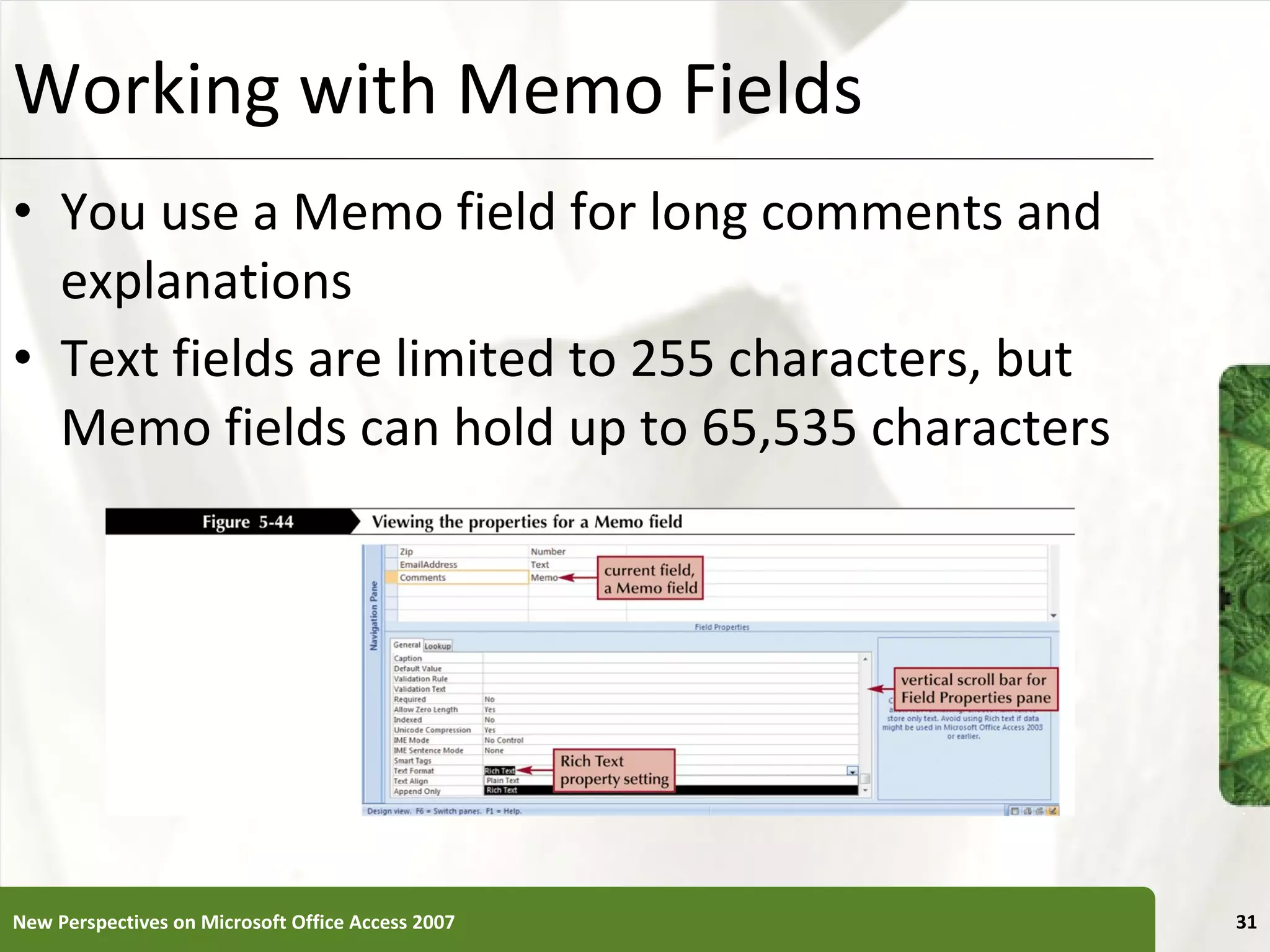 Working with Memo Fields You use a Memo field for long comments and explanations Text fields are limited to 255 characters, but Memo fields can hold up to 65,535 characters New Perspectives on Microsoft Office Access 2007 