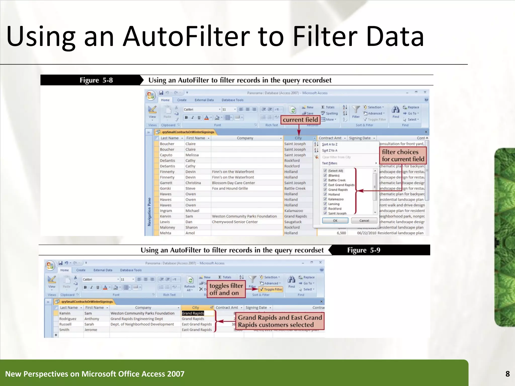 Using an AutoFilter to Filter Data New Perspectives on Microsoft Office Access 2007 