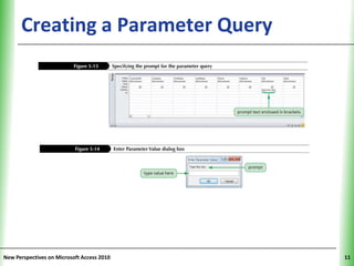Creating a Parameter Query            XP




New Perspectives on Microsoft Access 2010        11
 