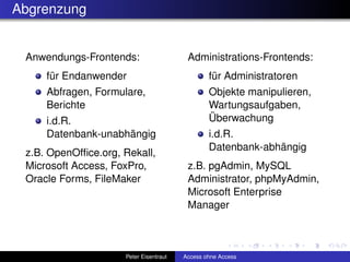Abgrenzung


 Anwendungs-Frontends:                   Administrations-Frontends:
     für Endanwender                            für Administratoren
     Abfragen, Formulare,                       Objekte manipulieren,
     Berichte                                   Wartungsaufgaben,
     i.d.R.                                     Überwachung
     Datenbank-unabhängig                       i.d.R.
                                                Datenbank-abhängig
 z.B. OpenOfﬁce.org, Rekall,
 Microsoft Access, FoxPro,               z.B. pgAdmin, MySQL
 Oracle Forms, FileMaker                 Administrator, phpMyAdmin,
                                         Microsoft Enterprise
                                         Manager



                     Peter Eisentraut   Access ohne Access
 