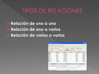 TIPOS DE RELACIONESRelación de uno a unoRelación de uno a variosRelación de varios a varios