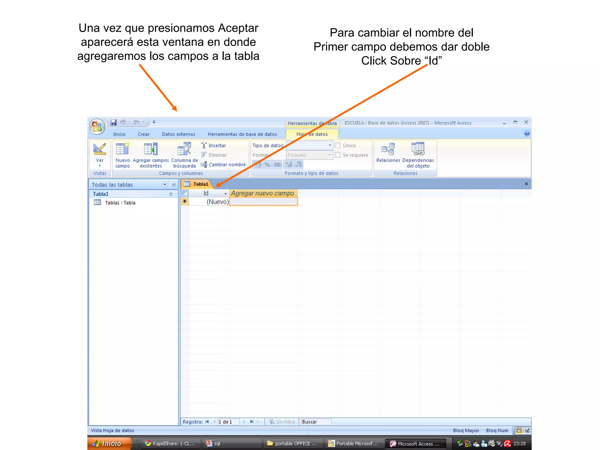 Una vez que presionamos Aceptar aparecerá esta ventana en donde agregaremos los campos a la tabla Para cambiar el nombre del Primer campo debemos dar doble Click Sobre “Id” 