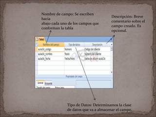 Nombre de campo: Se escriben hacia abajo cada uno de los campos que conforman la tabla Tipo de Datos: Determinamos la clase de datos que va a almacenar el campo. Descripción: Breve comentario sobre el campo creado. Es opcional. 