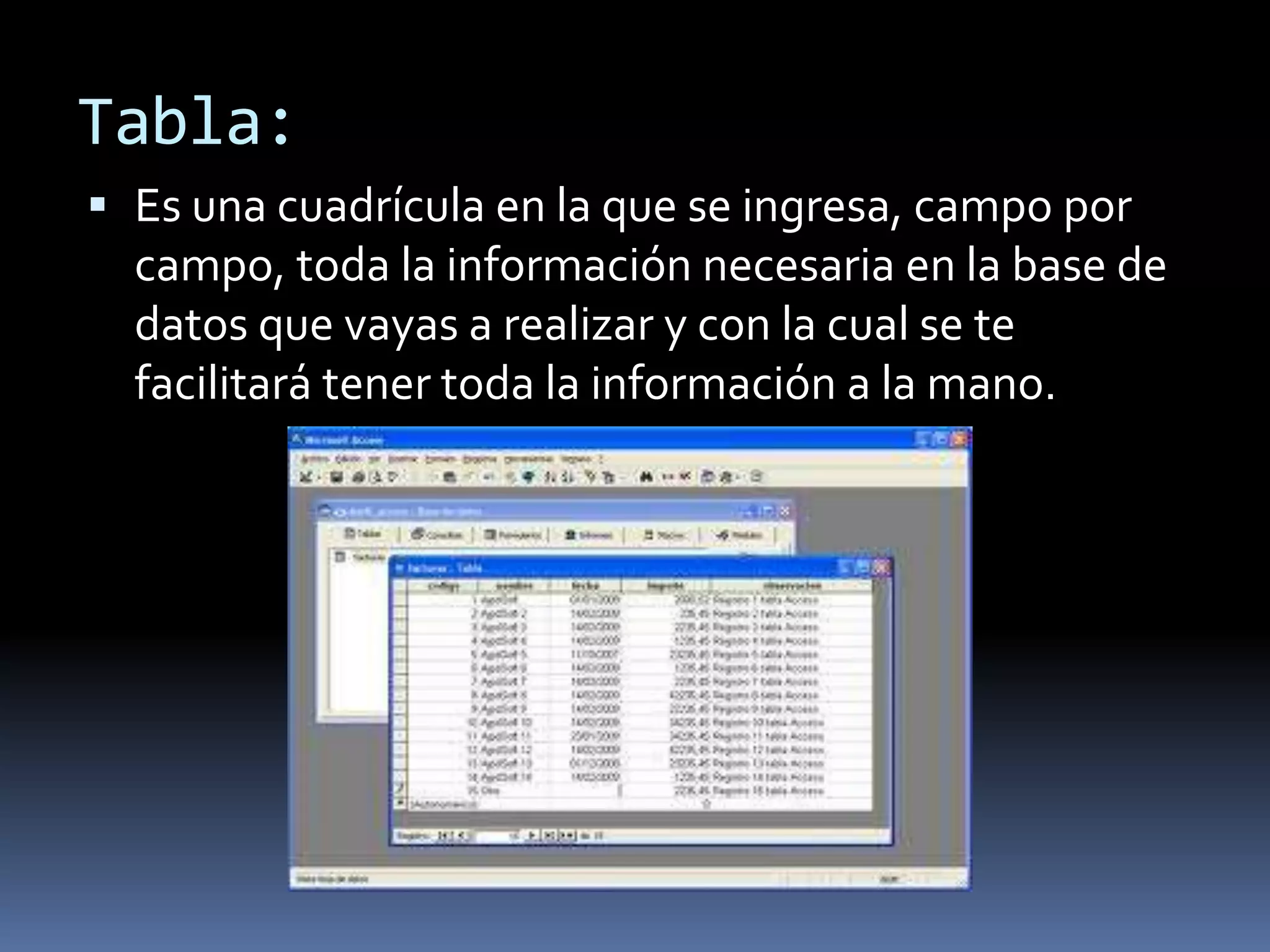 Tabla:
 Es una cuadrícula en la que se ingresa, campo por
  campo, toda la información necesaria en la base de
  datos que vayas a realizar y con la cual se te
  facilitará tener toda la información a la mano.
 