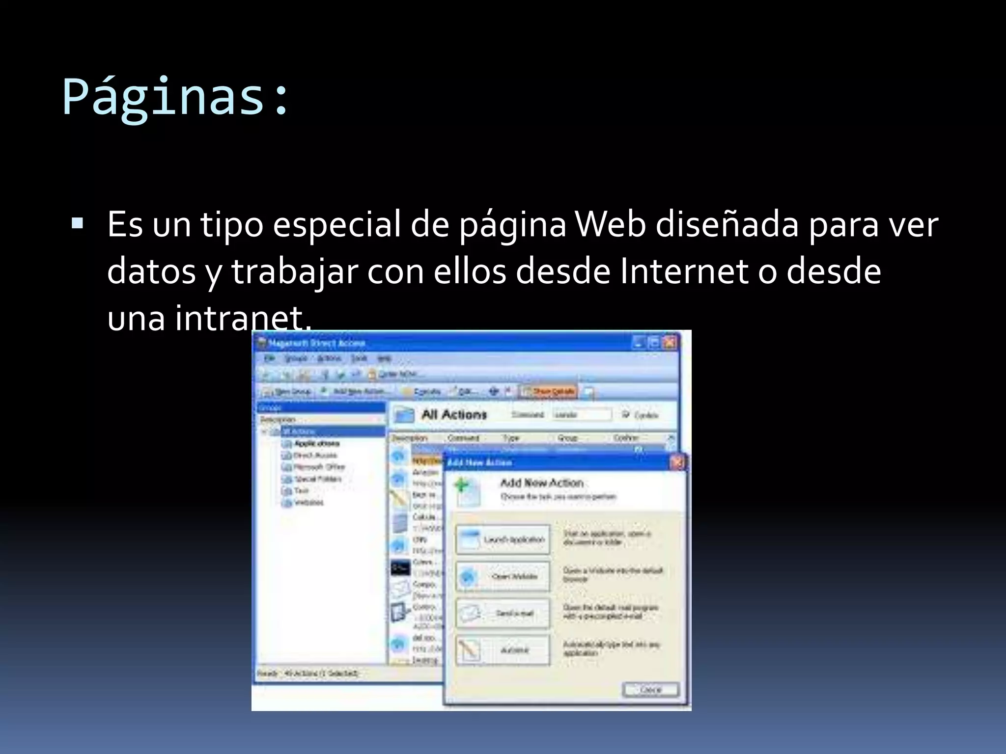 Páginas:

 Es un tipo especial de página Web diseñada para ver
  datos y trabajar con ellos desde Internet o desde
  una intranet.
 