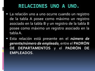 RELACIONES UNO A UNO.La relación uno a uno ocurre cuando un registro de la tabla A posee como máximo un registro asociado en la tabla B y un registro de la tabla B posee como máximo un registro asociado en la tabla A.Esta relación está presente en el número de gerente/número de empleado, entre elPADRÓN DE DEPARTAMENTOSy el PADRÓN DE EMPLEADOS. 