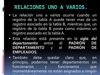 RELACIONES UNO A VARIOS.La relación uno a varios ocurre cuando un registro de la tabla A puede tener mas de un registro asociado en la tabla B, mientras que, un registro de la tabla B posee como máximo un registro asociado en la tabla A.Esta relación está presente en la sigla del departamento entre el PADRÓN DE DEPARTAMENTO y el PADRÓN DE EMPLEADOS. También debe quedar claro que, en principio, podemos tener departamentos sin funcionarios y funcionarios que momentáneamente no están asignados a ningún departamento.