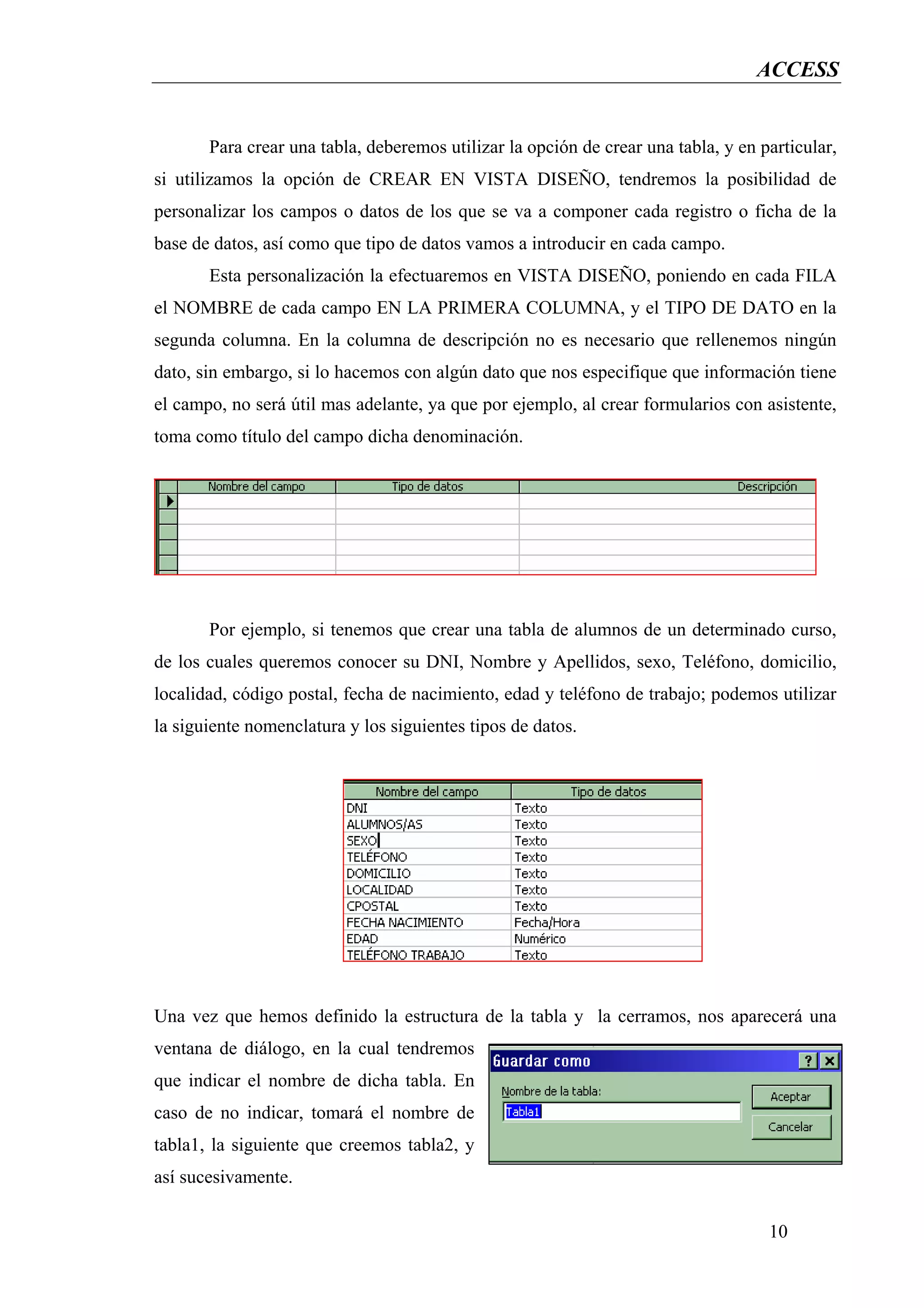 ACCESS


       Para crear una tabla, deberemos utilizar la opción de crear una tabla, y en particular,
si utilizamos la opción de CREAR EN VISTA DISEÑO, tendremos la posibilidad de
personalizar los campos o datos de los que se va a componer cada registro o ficha de la
base de datos, así como que tipo de datos vamos a introducir en cada campo.
       Esta personalización la efectuaremos en VISTA DISEÑO, poniendo en cada FILA
el NOMBRE de cada campo EN LA PRIMERA COLUMNA, y el TIPO DE DATO en la
segunda columna. En la columna de descripción no es necesario que rellenemos ningún
dato, sin embargo, si lo hacemos con algún dato que nos especifique que información tiene
el campo, no será útil mas adelante, ya que por ejemplo, al crear formularios con asistente,
toma como título del campo dicha denominación.




       Por ejemplo, si tenemos que crear una tabla de alumnos de un determinado curso,
de los cuales queremos conocer su DNI, Nombre y Apellidos, sexo, Teléfono, domicilio,
localidad, código postal, fecha de nacimiento, edad y teléfono de trabajo; podemos utilizar
la siguiente nomenclatura y los siguientes tipos de datos.




Una vez que hemos definido la estructura de la tabla y la cerramos, nos aparecerá una
ventana de diálogo, en la cual tendremos
que indicar el nombre de dicha tabla. En
caso de no indicar, tomará el nombre de
tabla1, la siguiente que creemos tabla2, y
así sucesivamente.

                                                                                    10
 
