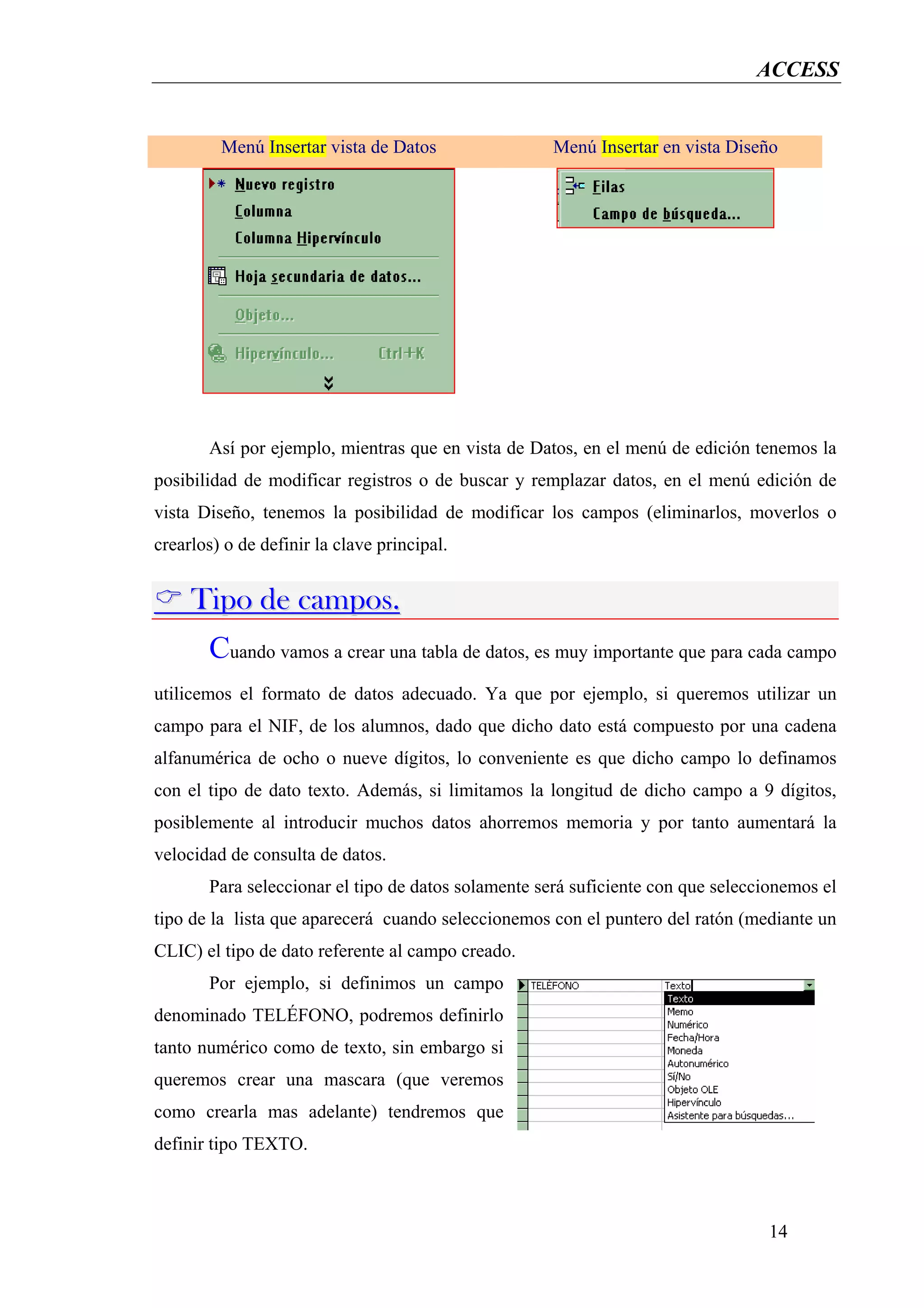 ACCESS


         Menú Insertar vista de Datos                Menú Insertar en vista Diseño




       Así por ejemplo, mientras que en vista de Datos, en el menú de edición tenemos la
posibilidad de modificar registros o de buscar y remplazar datos, en el menú edición de
vista Diseño, tenemos la posibilidad de modificar los campos (eliminarlos, moverlos o
crearlos) o de definir la clave principal.


     Tipo de campos.
       Cuando vamos a crear una tabla de datos, es muy importante que para cada campo
utilicemos el formato de datos adecuado. Ya que por ejemplo, si queremos utilizar un
campo para el NIF, de los alumnos, dado que dicho dato está compuesto por una cadena
alfanumérica de ocho o nueve dígitos, lo conveniente es que dicho campo lo definamos
con el tipo de dato texto. Además, si limitamos la longitud de dicho campo a 9 dígitos,
posiblemente al introducir muchos datos ahorremos memoria y por tanto aumentará la
velocidad de consulta de datos.
       Para seleccionar el tipo de datos solamente será suficiente con que seleccionemos el
tipo de la lista que aparecerá cuando seleccionemos con el puntero del ratón (mediante un
CLIC) el tipo de dato referente al campo creado.
       Por ejemplo, si definimos un campo
denominado TELÉFONO, podremos definirlo
tanto numérico como de texto, sin embargo si
queremos crear una mascara (que veremos
como crearla mas adelante) tendremos que
definir tipo TEXTO.



                                                                                 14
 